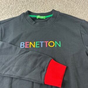 United Colors of Benetton Sweatshirt XS Colorful Logo Crew Neck Black Cotton Top